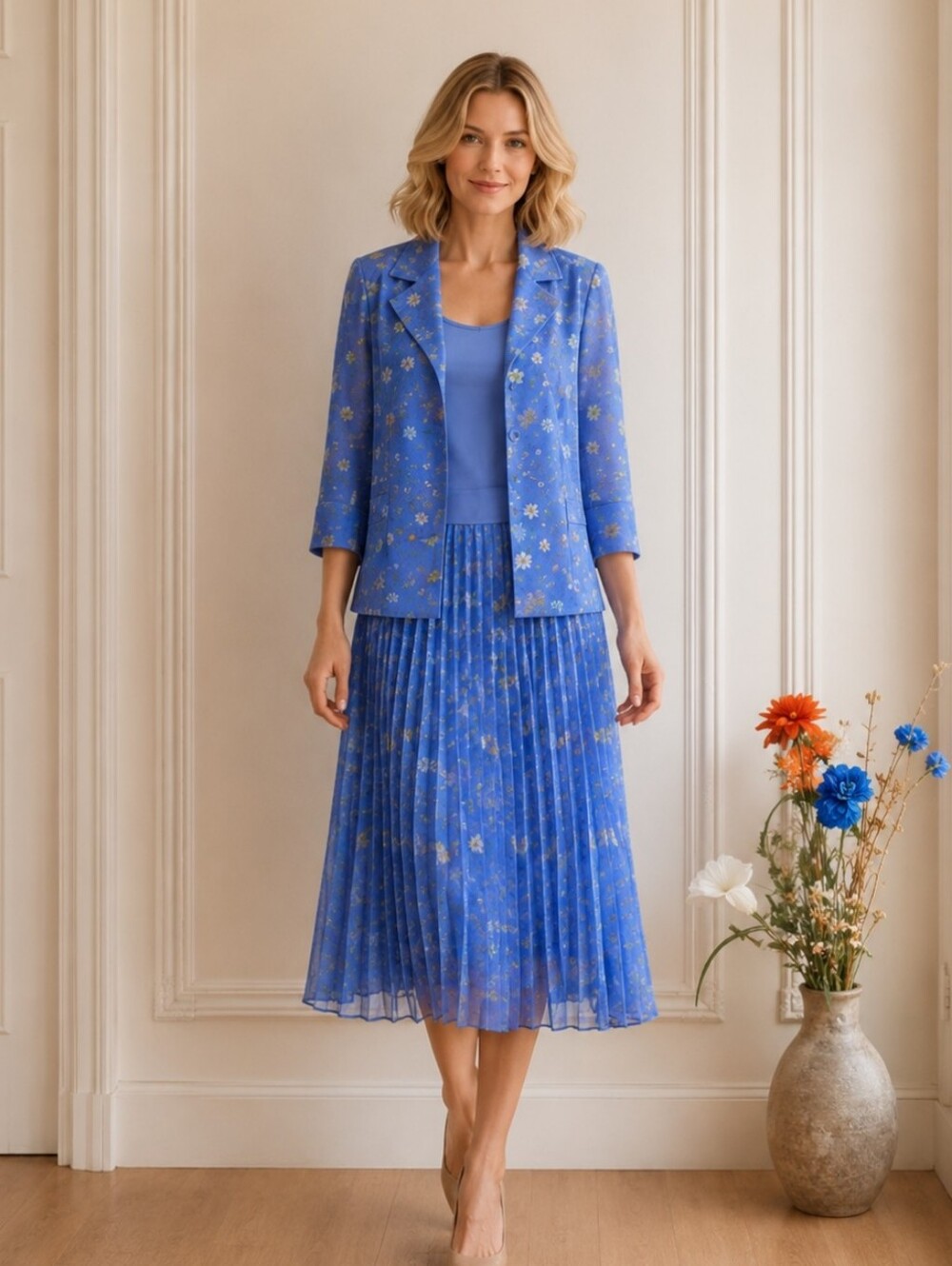 D'Allairds | Vintage Blue Floral Pleated Dress & Jacket Set